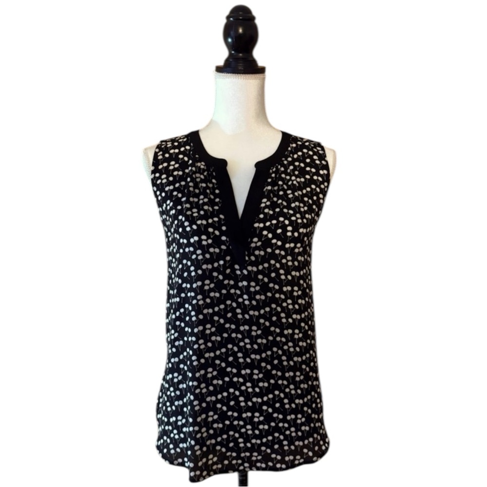 LOFT Black Cream Print Sleeveless Blouse Split Neck Mixed Media Top Size Small